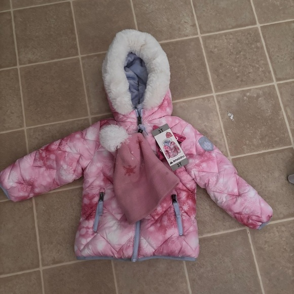 Pink and White Winter Jacket with Hat - Picture 2 of 4